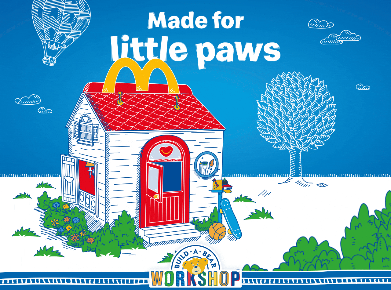 An illustrated house in the shape of a Happy Meal box. Text on the image reads 'Made for little paws'.