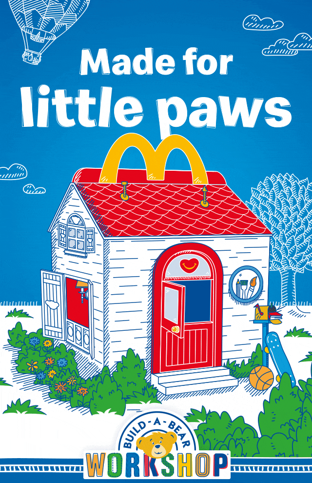 An illustrated house in the shape of a Happy Meal box. Text on the image reads 'Made for little paws'.