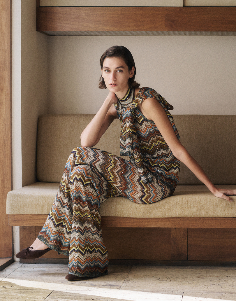Shimmering sequins and metallic threads make Missoni’s mini dresses and matching sets party-ready
