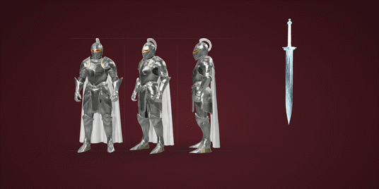 A knight character sheet with a sword plunging into the ground