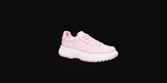 A 3D pink sneaker turning, then a billboard, a UGC shot, and a social post made from it