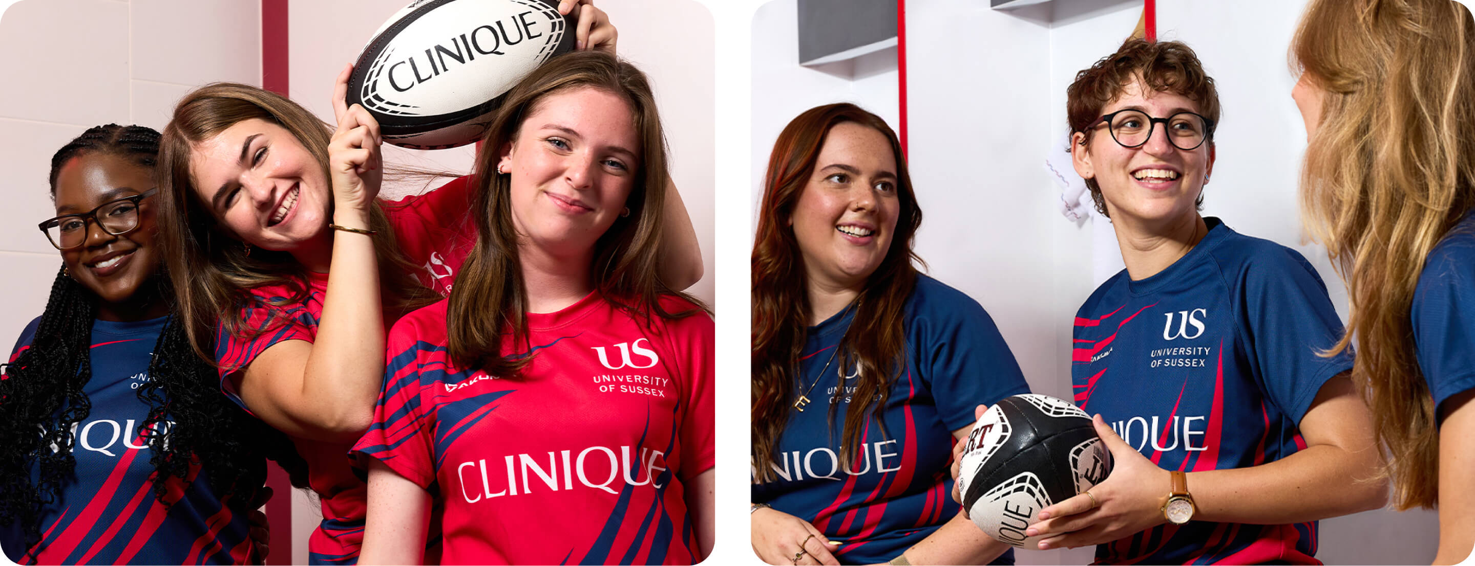 University of Sussex Rugby Players wearing Clinique rugby shirts, smiling to the camera