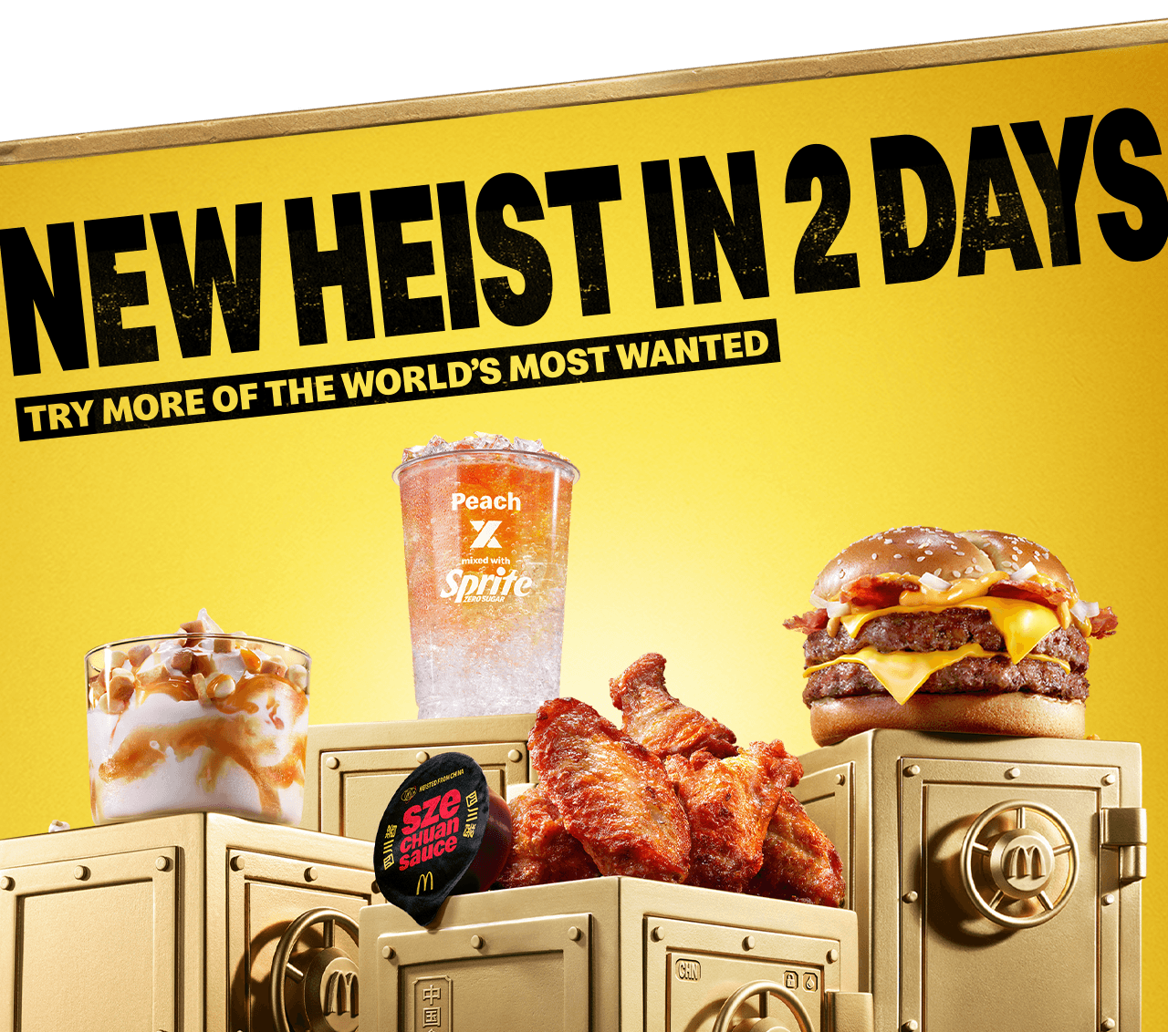 World Menu Heist food and drink on top of gold vaults. Text in the image reads 'New heist in 2 days - try more of the world's most wanted'.