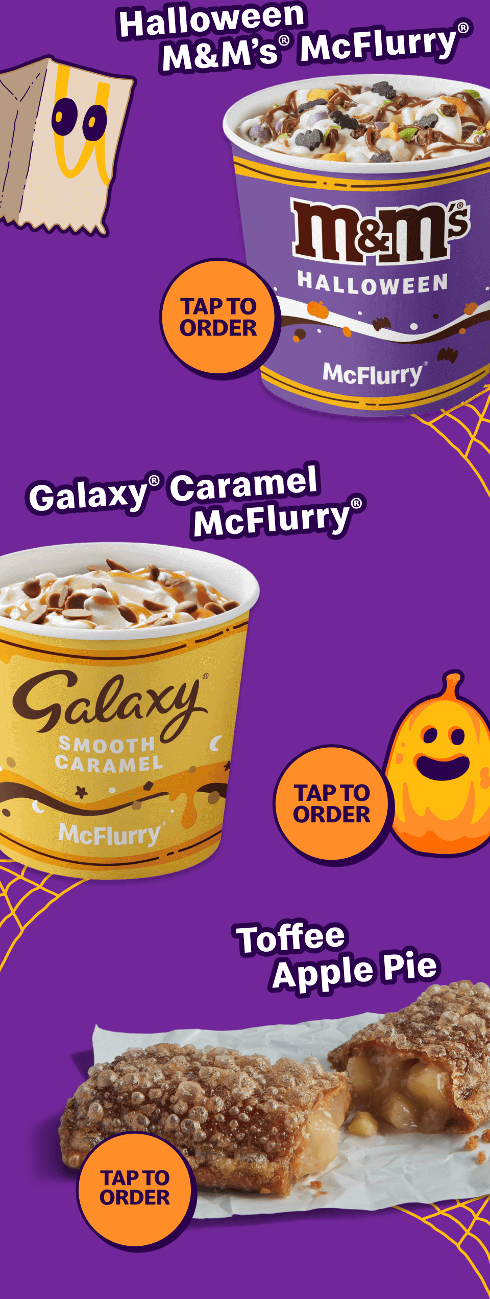 Halloween M&M's® McFlurry® | Galaxy® Caramel McFlurry® | Toffee Apple Pie | Tap to order