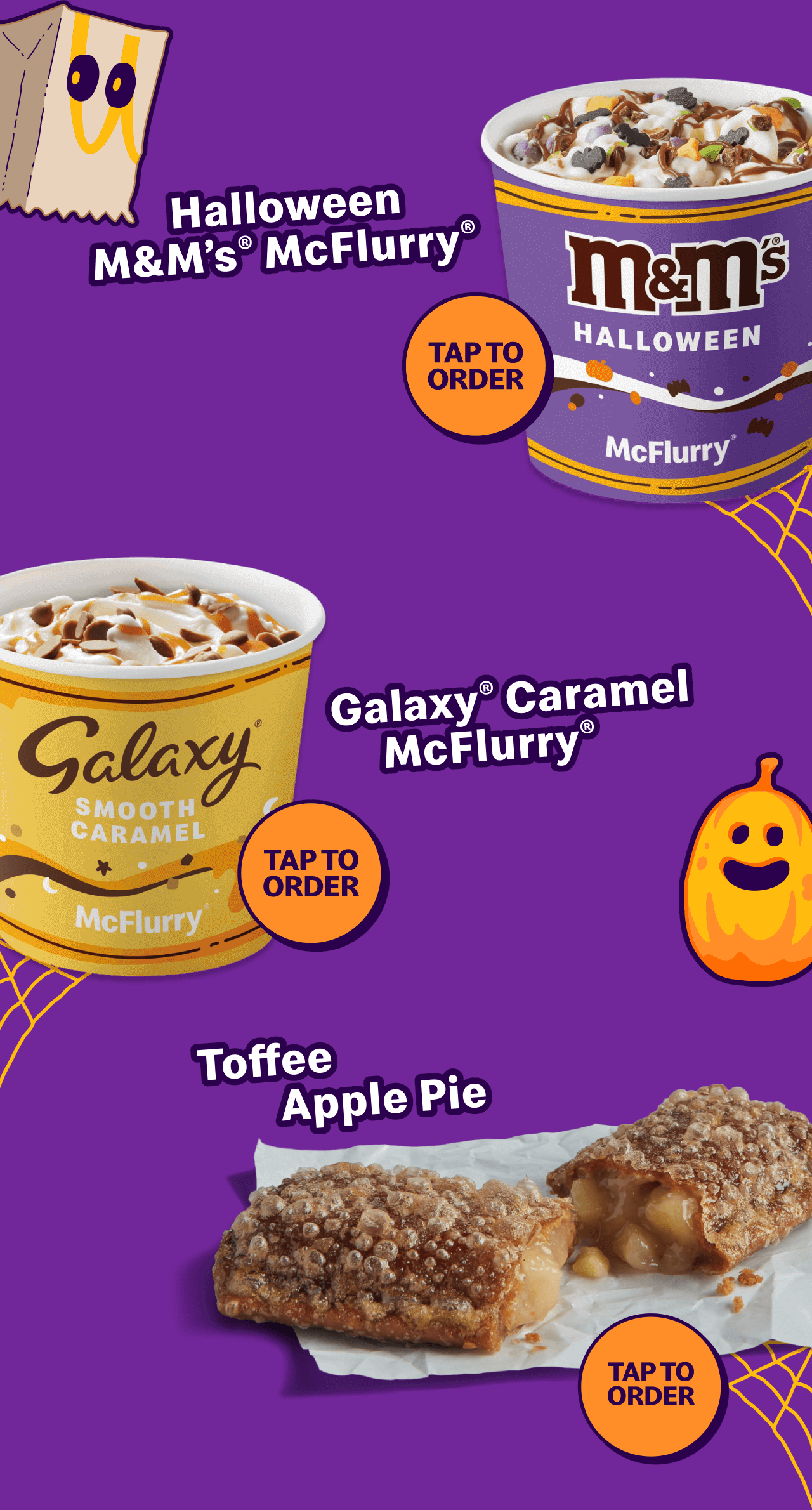Halloween M&M's® McFlurry® | Galaxy® Caramel McFlurry® | Toffee Apple Pie | Tap to order